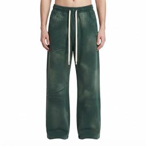 Dark Green Vintage Washed Baggy Sweatpants <b>Bleached</b> <b>Spray</b> Dye Effect Cream Drawstrings OEM ODM Apparel - Product Image 3