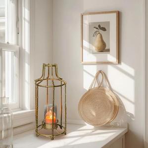 <b>Brass</b> <b>Lantern</b> Candle Holder with Glass Panel Heat Resistant Home Decoration Tabletop Decor At Best Price - Product Image 2