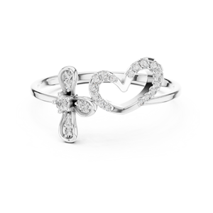 Bague de Foi Cœur et Croix en Or Blanc 18K avec Diamant de Laboratoire Taille Ronde Moins de 1 Carat, Plaqué Rhodium, Luxe - Product Image 1