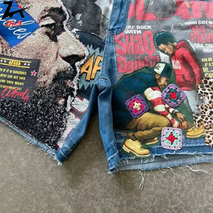 Shorts de mezclilla personalizados unisex con estampado patchwork estilo hip hop, con apliques y dobladillo deshilachado, azules, de algodón, estilo casual urbano. - Product Image 1