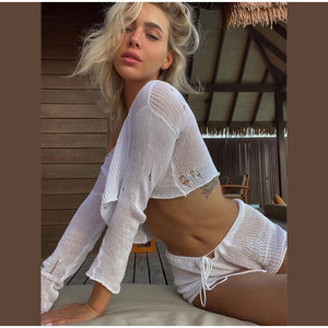 Ensemble 2 pièces sexy pour femme : crop top et short en maille à manches longues avec lacets, idéal pour les vacances d'été 2023 - Product Image 4