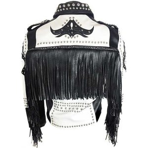 Premium White Genuine Leather Men <b>Rhinestone</b> Fringe <b>Jacket</b> Studded Flame Style Moto Biker <b>Jacket</b> OEM Customization Available - Product Image 3