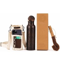 Ensemble de bouteilles d'eau portables en cuivre pour l'extérieur avec sacoche de téléphone, gourde martelée en cuivre pur faite à la main, coffret cadeau