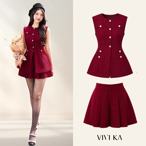 Women's Two Piece Outfit Feminine <b>Red</b> Vest <b>Top</b> and Pleated Skort Set Gold Button Peplum <b>Top</b> Polyester/Spandex SAHRA - Product Image 1