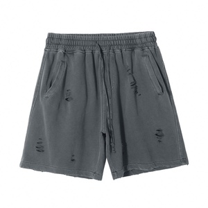 2026 Summer Breathable Washed Distressed Loose Fit Men's Hip Hop Retro Ripped Print 100% Cotton Drawstring Shorts - Product Image 2