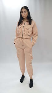 Women Pink Cargo Tracksuit Full Sleeve Solid Color Casual <b>Jogger</b> Set Side Pockets Elastic Waist Half-Zip Design - Product Image 2