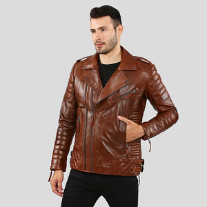 Veste de moto en cuir véritable marron pour homme, coupe ajustée, col rabattu, fermeture éclair, style motard, vêtement d'automne - Product Image 1