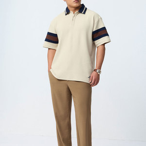 Men's Short Sleeve <b>Waffle</b> Knit Polo Shirt With Striped Cuffs And Collar Color <b>Blocked</b> Design Breathable Casual Style - Product Image 3