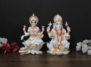 Statue de Laxmi Ganesh en résine de poussière de marbre |   Ensemble d'idoles de dieux hindous en or blanc |   Décoration de temple à domicile pour Diwali - Product Image 1