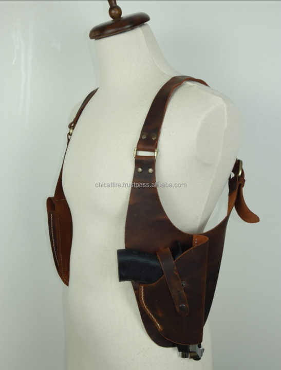 Hot Sale 2024 Real Handmade Cowhide Leather Vertical Concealed Holster With Double Mag Hander Western Concealed Carry Cowboy Bag