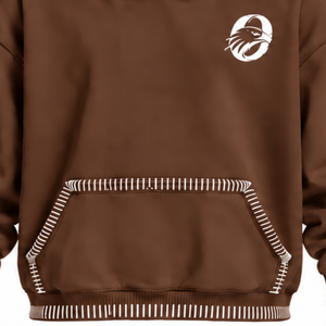 Winter Chocolate Brown Stitched Border Distressed Fleece <b>Oversized</b> Pullover <b>Hoodie</b> Contrast <b>Stitch</b> Kangaroo Pocket Casual - Product Image 5