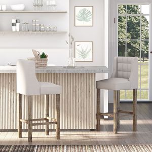 Set Moderno di 2 Sgabelli da Bar con Rivestimento Trapuntato Beige e Gambe in Legno di Gomma - Product Image 2