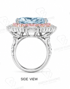 Masterpiece <b>cocktail</b> <b>ring</b> in 18K white <b>gold</b> with cushion cut fancy blue diamond halo of pink diamonds round and baguette diamond - Product Image 2