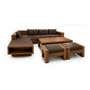 Juego de Sofá Esquinero de Madera Premium con Cojines de Tela Oscura, Mesa de Centro y Otomana a Juego para Salón de Hotel o Apartamento Moderno - Product Image 2