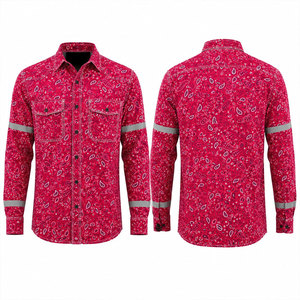 Chemise de travail unisexe en coton imperméable rouge réfléchissant à manches longues, haut d'uniforme haute visibilité avec poche et imprimé bandana - Product Image 1
