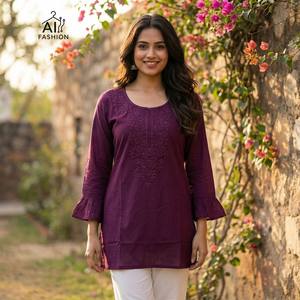 <b>Indian</b> Fashion Heavy Rayon Short Kurtis Pink Chikankari Work Traditional Midi Casual Tunic <b>Top</b> India Pakistan Style Regular Fit - Product Image 2