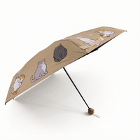 Parapluie de poche pliable 5 sections 19 pouces, ouverture manuelle, revêtement pongé noir, poignée motif chat marron café, protection solaire et UV, mini portable