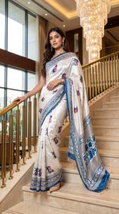 Sari en Soie Semi-Modal de Qualité Export avec Imprimé Ajrakh, Broderie Miroir et Blouse Fantaisie - Product Image 1