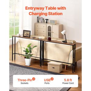 Set di 2 Tavoli Consolle Stretti in Pino a 1 Ripiano, Tavolo Lungo da Ingresso con Prese Elettriche, Tavolino Stretto da Divano con Struttura in Metallo - Product Image 2