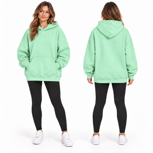 Women's Oversized Mint Green Hooded Sweatshirt Long Sleeve Solid Color Fleece Pocket Design Autumn Casual Wear - Product Image 1