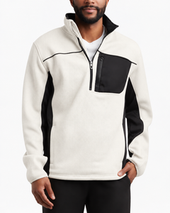Suéter de punto con cremallera frontal para hombre TESSUTO, color blanco roto, con paneles en contraste negro, bolsillo con cremallera en el pecho y ribete negro, tipo jersey de golf. - Product Image 1