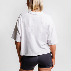 <b>White</b> Oversized <b>Crop</b> <b>Top</b> Short Sleeve O-Neck Solid Color Casual Jersey T-Shirt for Women - Product Image 6