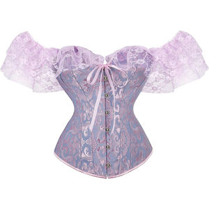 Corsé de mujer con hombros descubiertos, volantes de encaje y lazo en tela estampada morada y azul, diseño moldeador firme para adultos - Product Image 1
