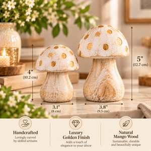 Vintage <b>Wooden</b> Mushroom Figurines Set of 2 Whitewash hammered Gold Decorative Table Centerpiece for Home Garden <b>Shelf</b> Handmade - Product Image 5