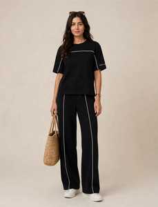 Women's Black <b>Short</b> Sleeve Crew Neck <b>Top</b> <b>And</b> Wide Leg Pants Tracksuit <b>Set</b> With White Contrast Piping - Product Image 6