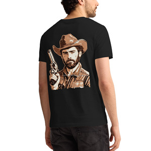 T-shirt décontracté en coton pour homme, col rond, coupe oversize, délavé à l'acide, avec impression sur la poitrine motif portrait de cowboy western, personnalisable, vente en gros - Product Image 1