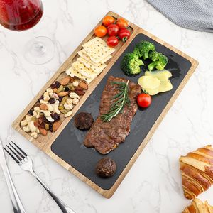 Planche à charcuterie en bois avec insert en ardoise et bols de service pour plateau de fromages et de viandes, ardoise noire et bois naturel - Product Image 2