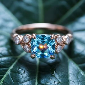 Anillo de Topacio Azul Corte Cojín en Plata de Ley 925 y Oro de 14K, Anillo de Lujo para Mujer, para Boda, Compromiso o Fiesta, con Engaste de Garras - Product Image 4