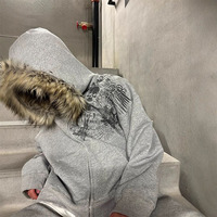 Ensemble survêtement personnalisé en fausse fourrure à capuche, logo gris, fermeture éclair, coupe ample, sweat-shirt et pantalon de survêtement à jambes larges, jogging pour homme