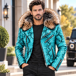 Men's Snake Skin Leather <b>Jacket</b> with Fox <b>Fur</b> <b>Hood</b> <b>Jacket</b> | Herren Leder Bikerjacke | Chaqueta Hombre Cuero Python - Product Image 1