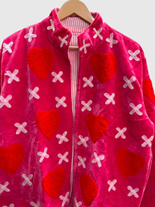 Pink Velvet Heart X Print <b>Zipper</b> <b>Jacket</b> Full Sleeve Stand Collar Plus Size Women's Winter Boxy Style Fleece Coat - Product Image 4