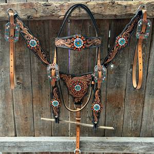 Ensemble de bridons de cheval en cuir occidental personnalisables, best-seller 2026, avec conchos turquoise et design brodé, tailles personnalisées, emballage inclus - Product Image 1