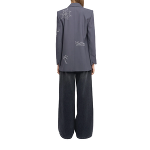 Custom Made OEM Wholesale Women SuitSet Charcoal Grey <b>Silver</b> Rose Embroidery Double Breasted Blazer Trouser Office Business Wear - Product Image 2