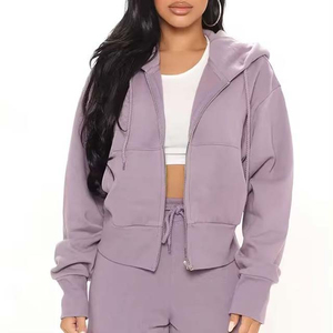 Conjunto de Sudadera Corta con Capucha para Mujer, Color Sólido, Manga Larga, Corte Holgado, con Bolsillos Laterales, Ropa Casual de Otoño, 100% Algodón - Product Image 4