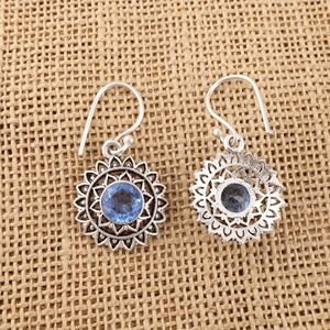 925 Sterling Silver <b>Earrings</b> Blue Tanzanite Brass Handmade with Round Shape Brass Statement Fashion Jewelry Bezel Sett For Women - Product Image 2