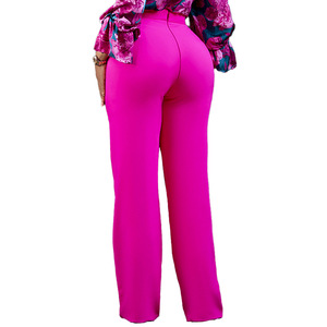 High Waisted Wide Leg Pants Women Solid Color Crepe Elastic Waist Full Length Casual Spring Style Pink <b>Trousers</b> - Product Image 5
