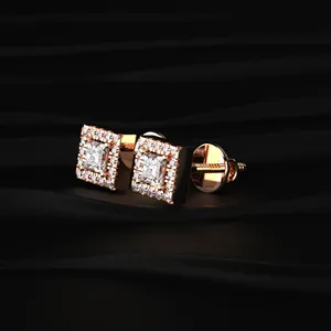 Pendientes de Diamantes con Corte Princesa y Halo, Claridad VVS-VS, Diamantes Reales con Certificado IGI, Pendientes Minimalistas - Product Image 2