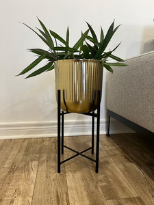 Pots à fleurs côtelés dorés, jardinières métalliques avec support, décoration intérieure pour plantes à feuilles larges - Product Image 3