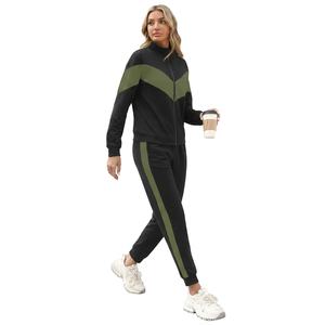Ensemble de survêtement décontracté pour femme, noir et vert, à blocs de couleur, avec fermeture éclair, manches longues, respirant, léger, en coton, avec poches latérales - Product Image 1