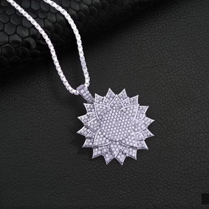 Iced Out Flower Pendant with Moissanite and Bezel Setting Silver Tone Layered Petal Design Hip Hop Jewelry for Men and Women - Product Image 5