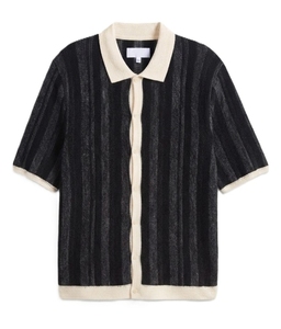 Knitted Striped Over Size 100% Cotton <b>Men's</b> Short Sleeve Button Front Collared <b>Cardigan</b> Breathable for Casual Summer Wear - Product Image 3