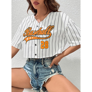 Women's White <b>Striped</b> Baseball Jersey <b>Crop</b> <b>Top</b> Short Sleeve V-Neck Button Front Breathable Summer Apparel Print OEM ODM 2026 - Product Image 5