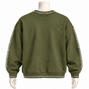 Sudadera de cuello redondo para hombre, verde oliva, con borde cosido, efecto desgastado, corte holgado, manga larga, estilo vintage, informal, para streetwear. - Product Image 2
