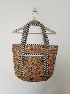 Floral Orange Quilted Cotton Medium Shoulder Tote <b>Bag</b> Zipper Closure Double Handles <b>Reusable</b> Everyday Ladies Shopping Beach - Product Image 2