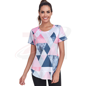 Camiseta de Manga Corta con Estampado Geométrico para Mujer, Cuello Redondo, Corte Regular, Secado Rápido, Deportiva, Tejida en Poliéster, para Primavera/Verano - Product Image 2