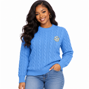 Southern University <b>Cable</b> <b>Knit</b> <b>Sweater</b> Custom HBCU Columbia Blue Embroidered SU Crewneck Pullover Wholesale - Product Image 3